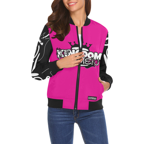 Neon Pink/Black All Over Print Bomber Jacket for Women (Model H19)