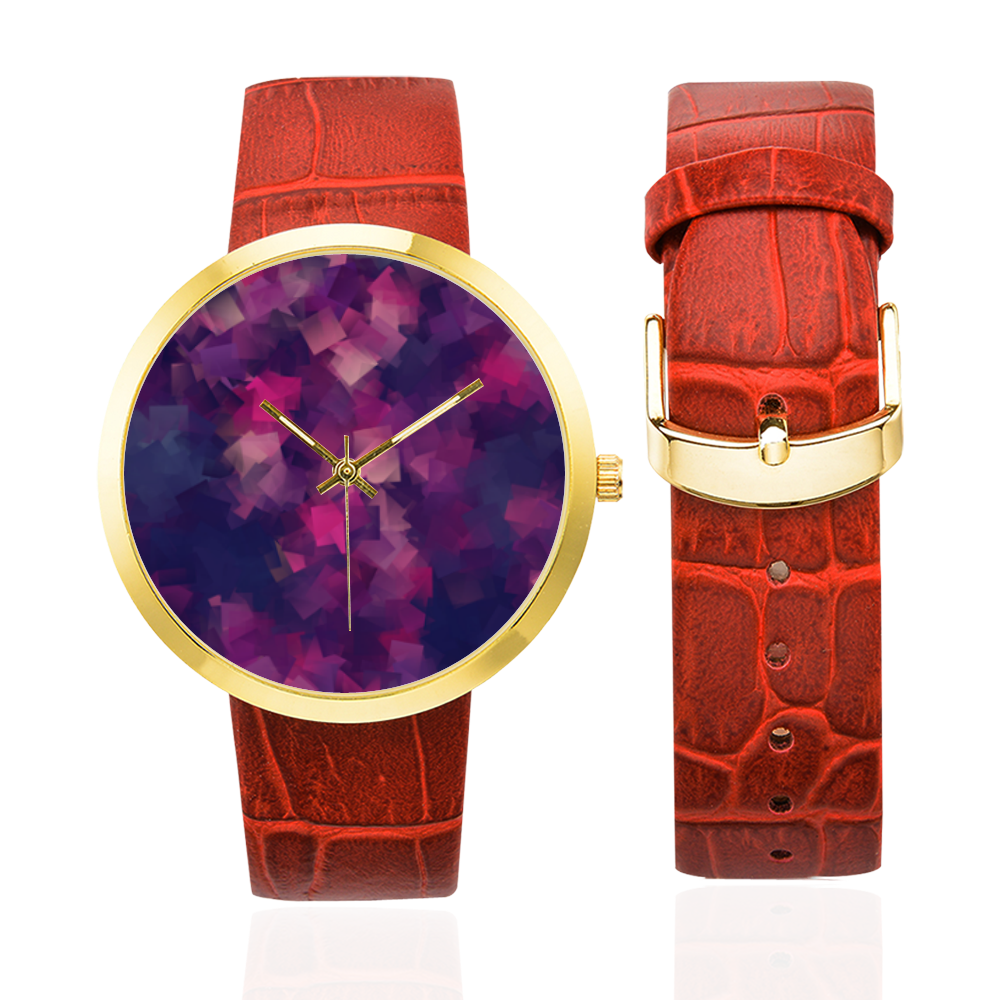 purple pink magenta cubism #modern Women's Golden Leather Strap Watch(Model 212)