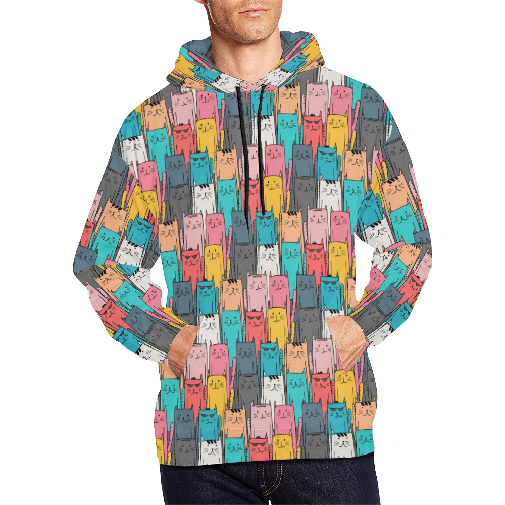 Cartoon Cat Pattern All Over Print Hoodie for Men (USA Size) (Model H13)