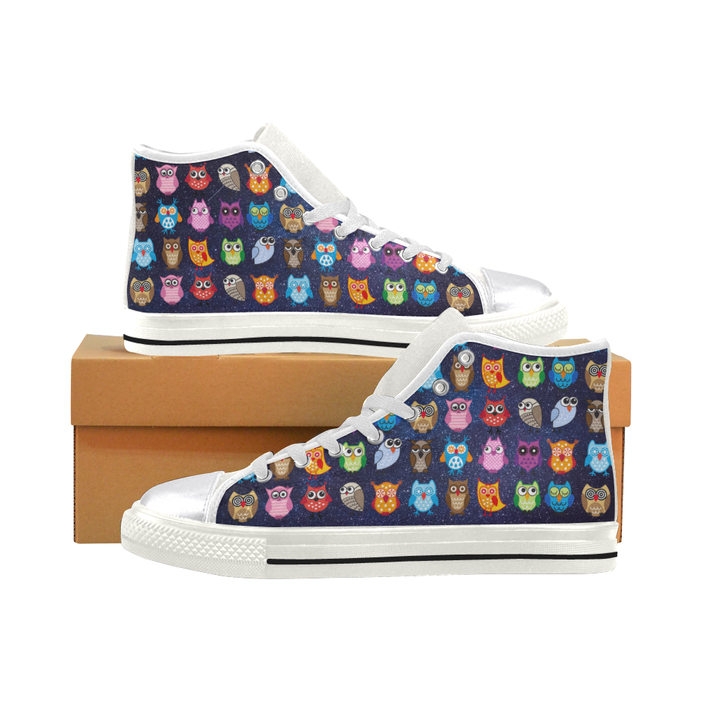 Colorful Owls on a Starry Night White Women's Classic High Top Canvas Shoes (Model 017)