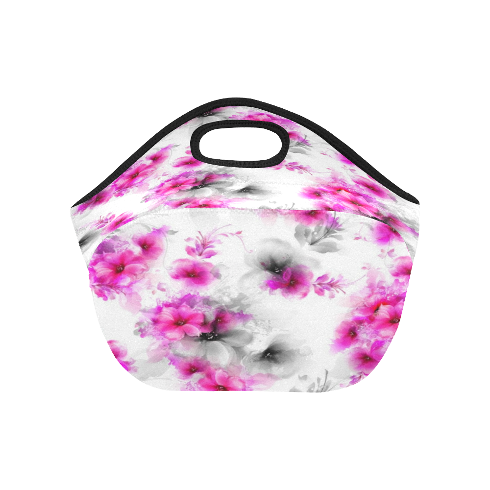 Pink and Gray Flowers Neoprene Lunch Bag/Small (Model 1669)