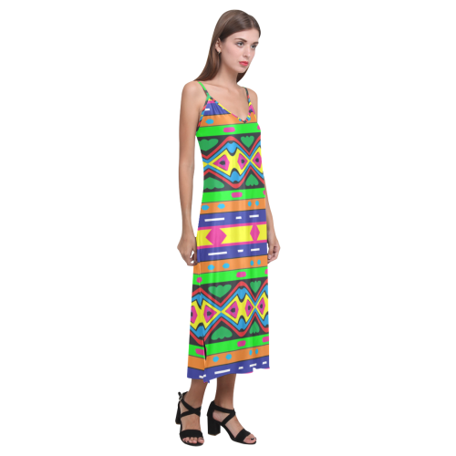 Distorted colorful shapes and stripes V-Neck Open Fork Long Dress(Model D18)