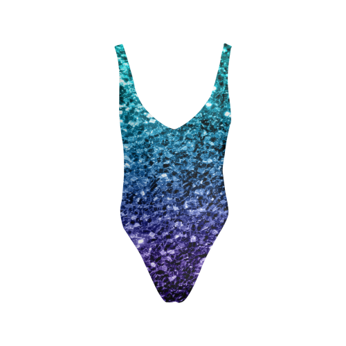 Beautiful Aqua blue Ombre glitter sparkles Sexy Low Back One-Piece Swimsuit (Model S09)