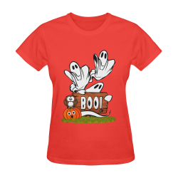 Halloween Ghosts, Owl and Pumpkin / Red Sunny Women's T-shirt (Model T05)