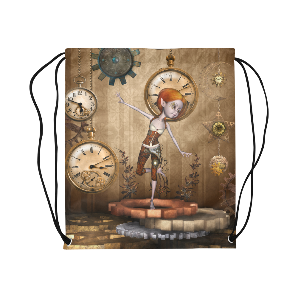 Steampunk girl, clocks and gears Large Drawstring Bag Model 1604 (Twin Sides)  16.5"(W) * 19.3"(H)