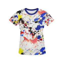 Blue and Red Paint Splatter (Blue Trim) All Over Print T-shirt for Women/Large Size (USA Size) (Model T40)