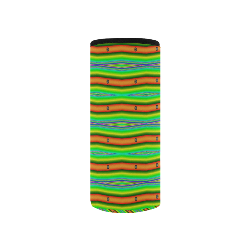 Bright Green Orange Stripes Pattern Abstract Neoprene Water Bottle Pouch/Small