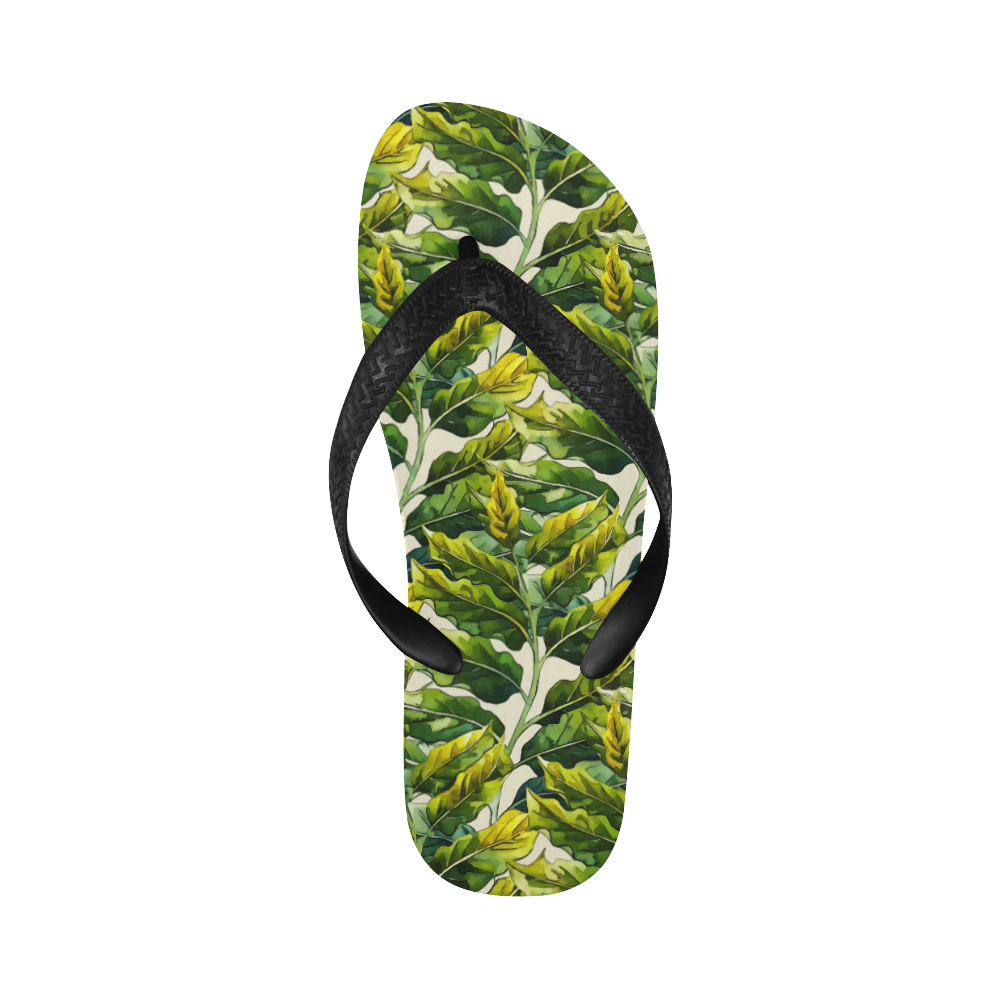 Yellow Green Wide Tropical Leaf pattern 6 Flip Flops for Men/Women (Model 040)