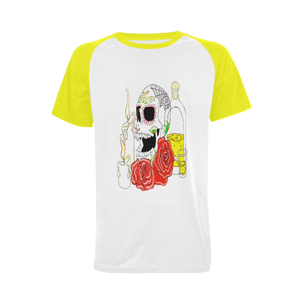 Day Of The Dead Sugar Skull Yellow Men's Raglan T-shirt (USA Size) (Model T11)