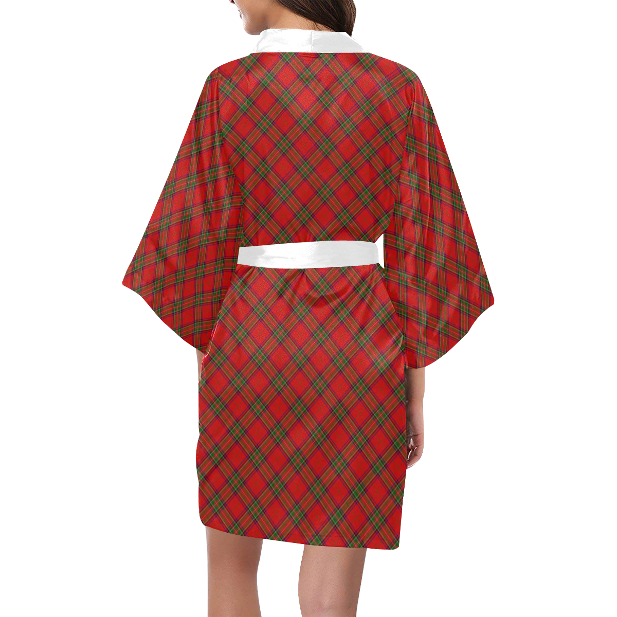 Red Tartan Plaid Pattern White Sash Kimono Robe