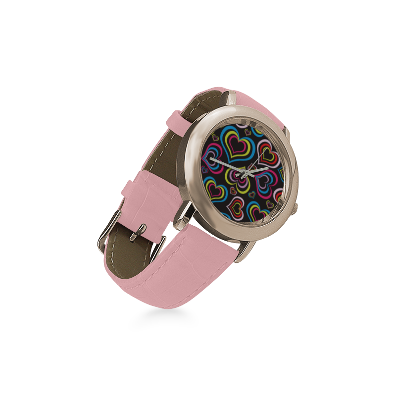 Multicolor Hearts Women's Rose Gold Leather Strap Watch(Model 201)