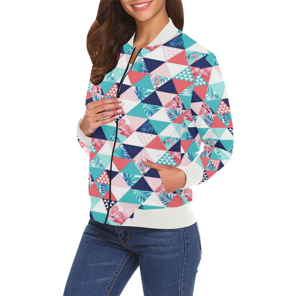 Flamingo Triangle Pattern All Over Print Bomber Jacket for Women (Model H19)