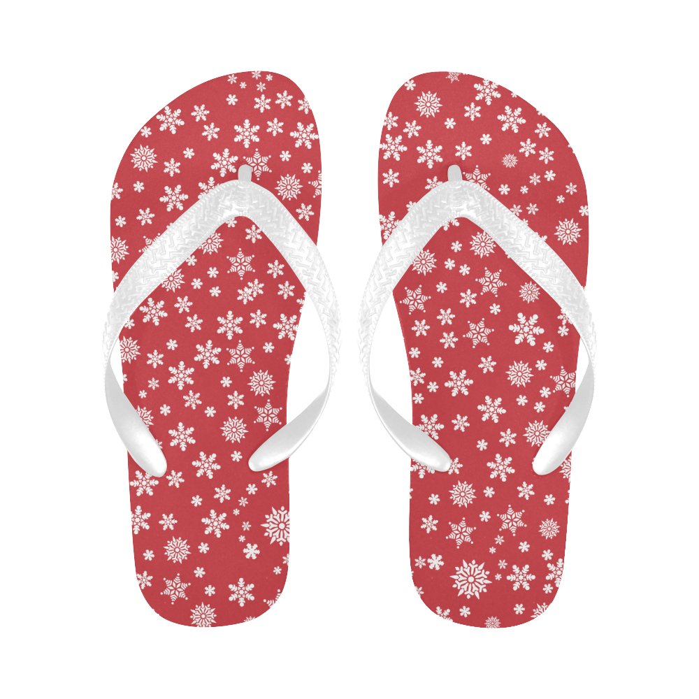 Christmas  White Snowflakes on Red Flip Flops for Men/Women (Model 040)