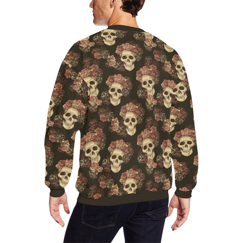 Skull and Rose Pattern Men's Oversized Fleece Crew Sweatshirt (Model H18)