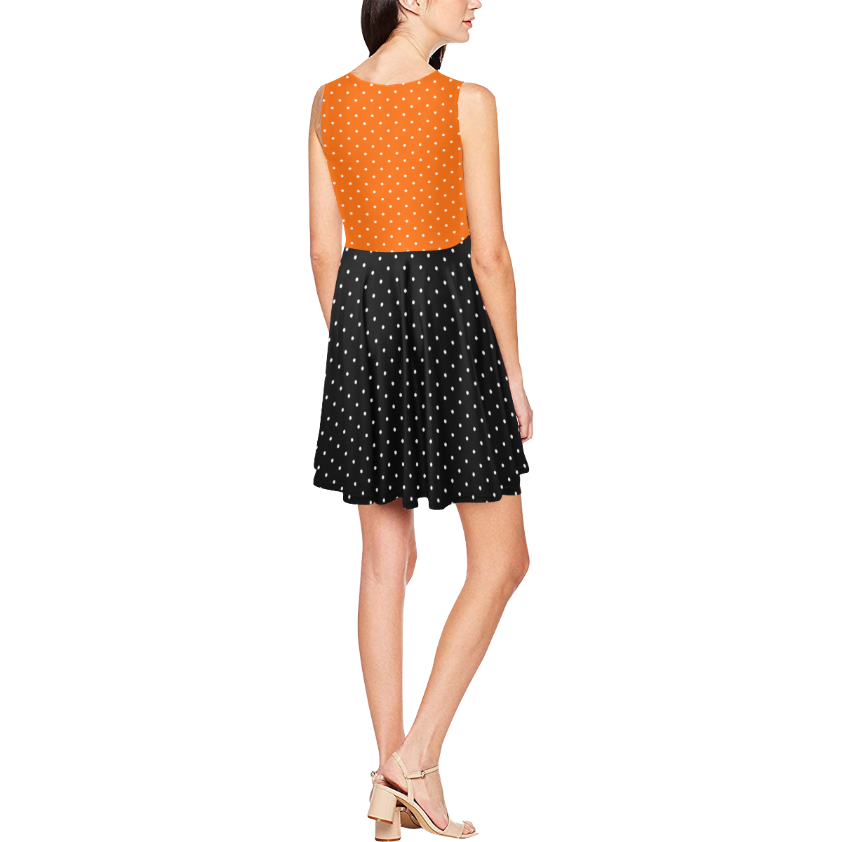 Halloween Black and Orange Polka Dots Thea Sleeveless Skater Dress(Model D19)
