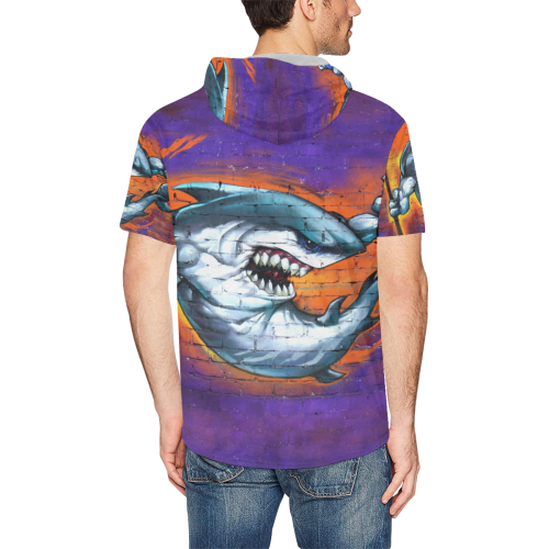 Graffiti Shark All Over Print Short Sleeve Hoodie for Men (Model H32)