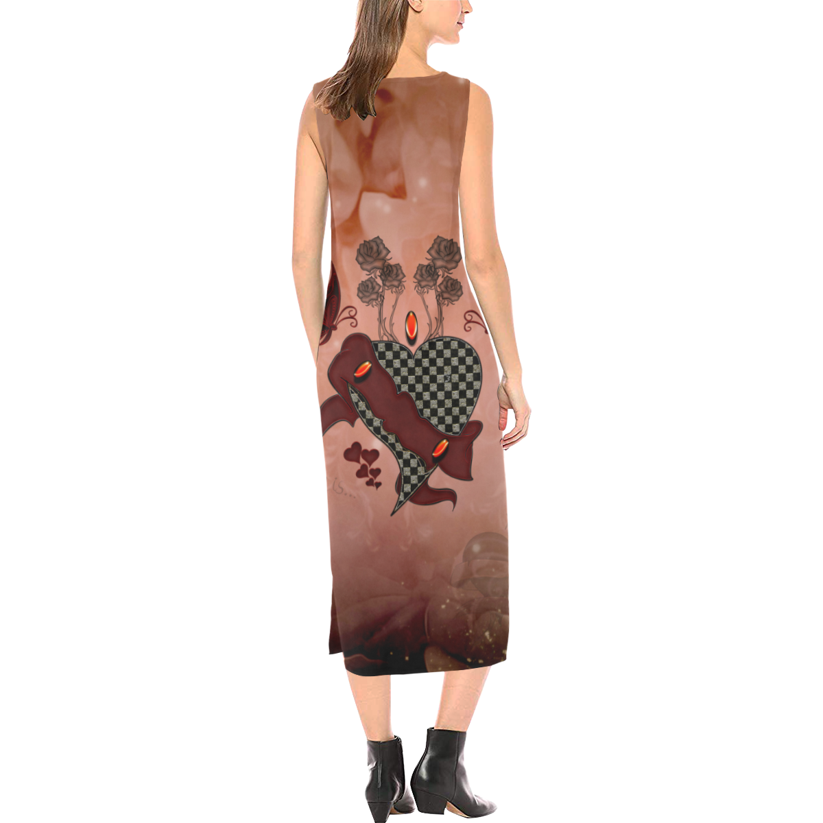 Heart with butterflies Phaedra Sleeveless Open Fork Long Dress (Model D08)