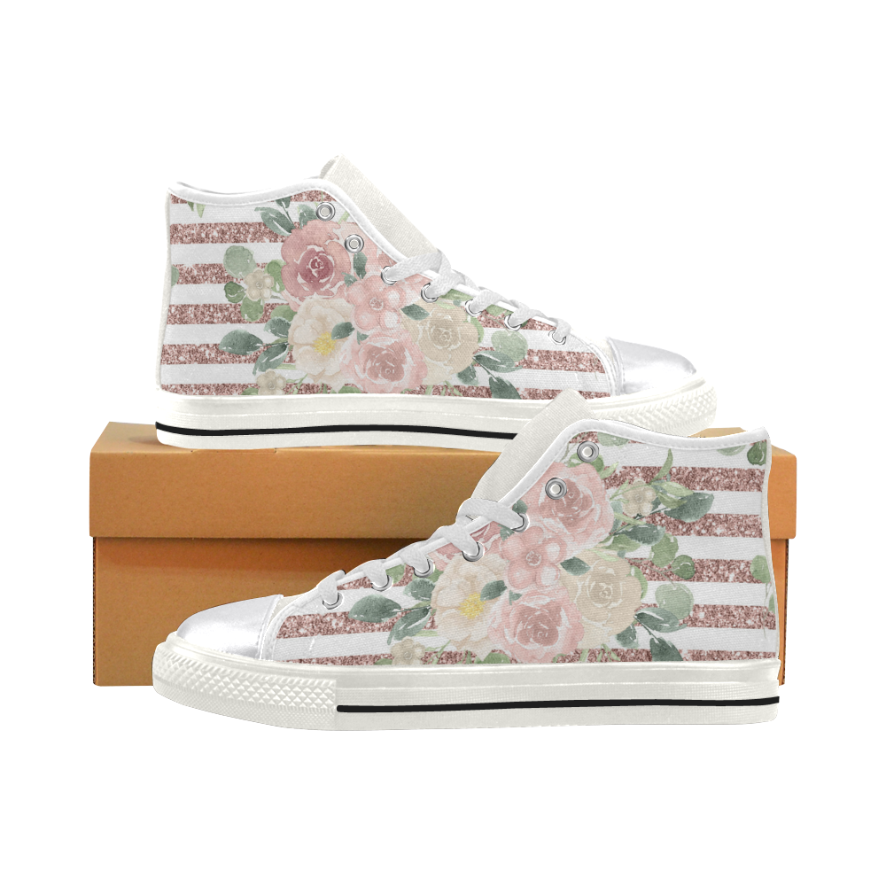 Sweet Pink Floral Shoes, Glitter Art Women's Classic High Top Canvas Shoes (Model 017)
