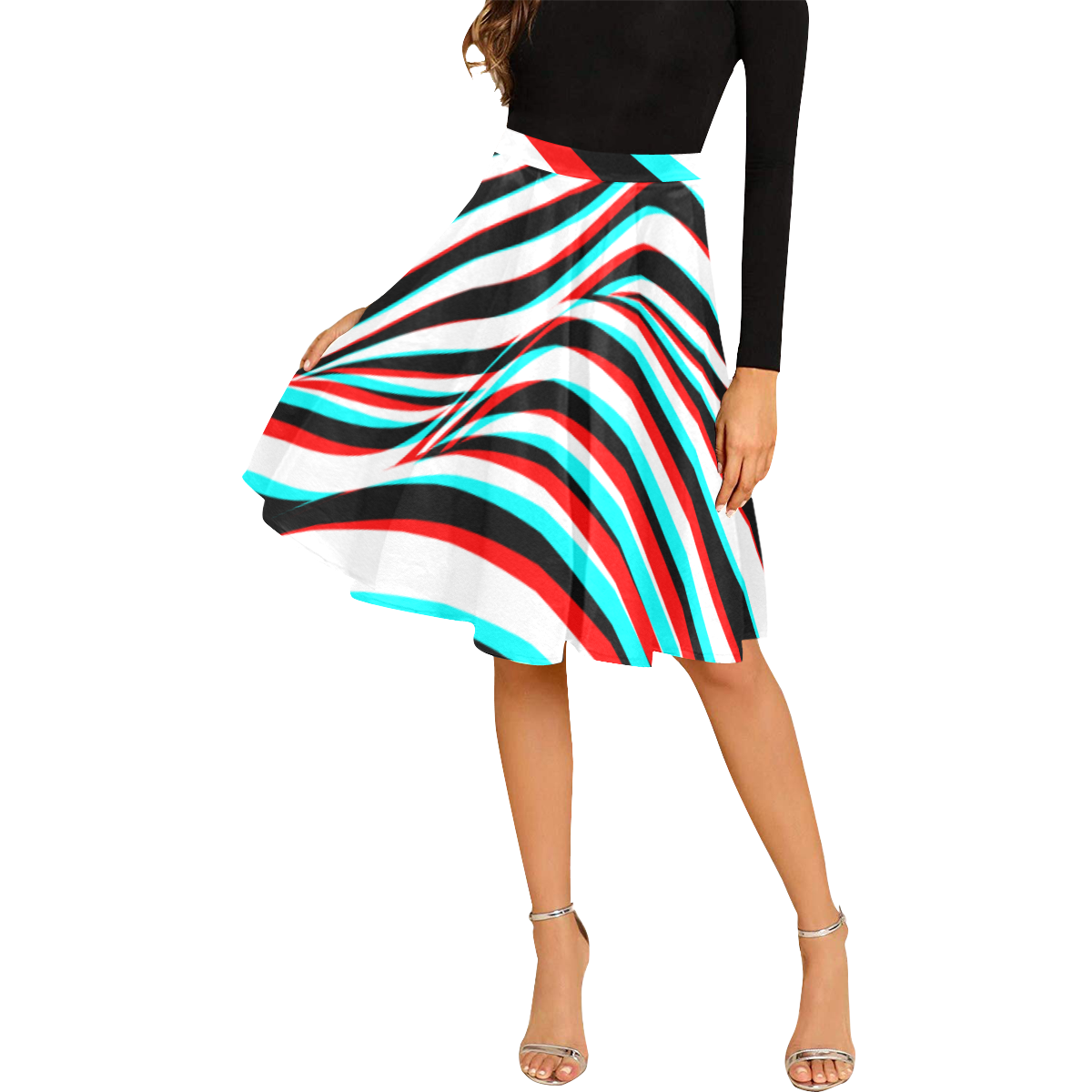 Black and White Wave Graphic 3D Stereoscopic Melete Pleated Midi Skirt (Model D15)