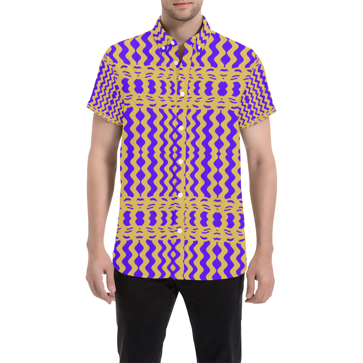 Purple Yellow Modern  Waves Lines Men's All Over Print Short Sleeve Shirt (Model T53)