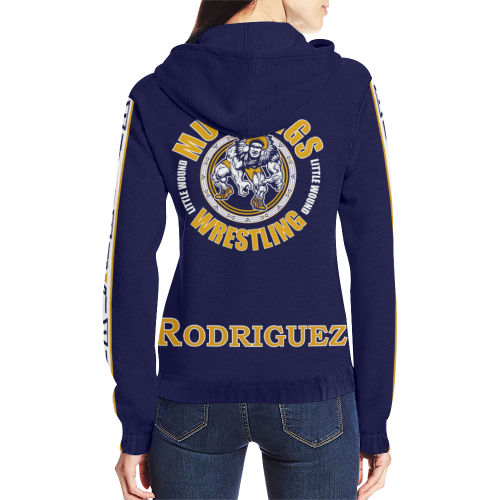 Little Wound Mustangs Rodriguez Dark Blue All Over Print Full Zip Hoodie for Women (Model H14)