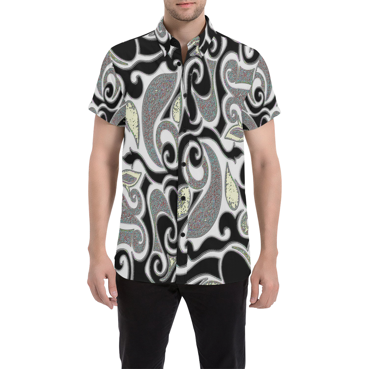 Black and White retro swirl Men's All Over Print Short Sleeve Shirt (Model T53)