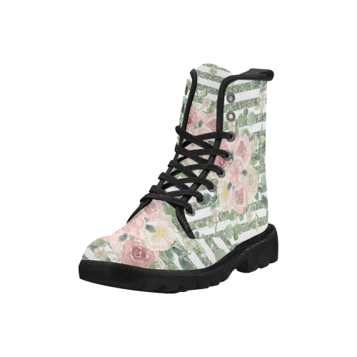 Green Pink Floral Boots, Glitter Martin Boots for Women (Black) (Model 1203H)