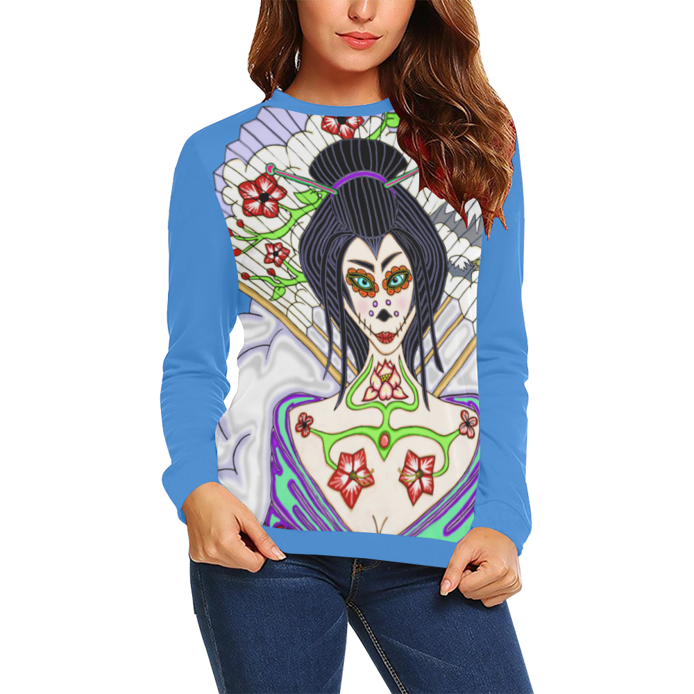 Geisha Sugar Skull Blue All Over Print Crewneck Sweatshirt for Women (Model H18)