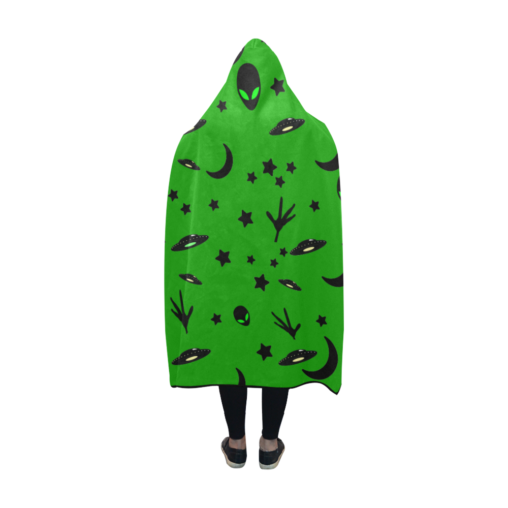 Alien Flying Saucers Stars Pattern on Green Hooded Blanket 60''x50''