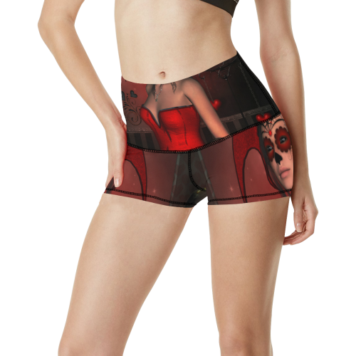 Awesome lady with sugar skull face Women's All Over Print Yoga Shorts (Model L17)