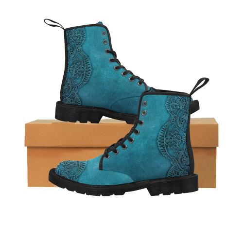 Distressed Leather And Lace Teal Martin Boots for Women (Black) (Model 1203H)