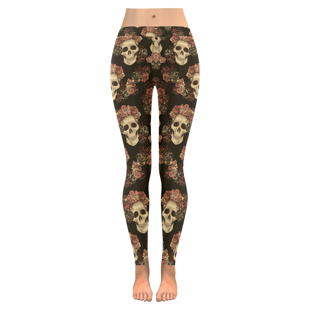 Skull and Rose Pattern Women's Low Rise Leggings (Invisible Stitch) (Model L05)