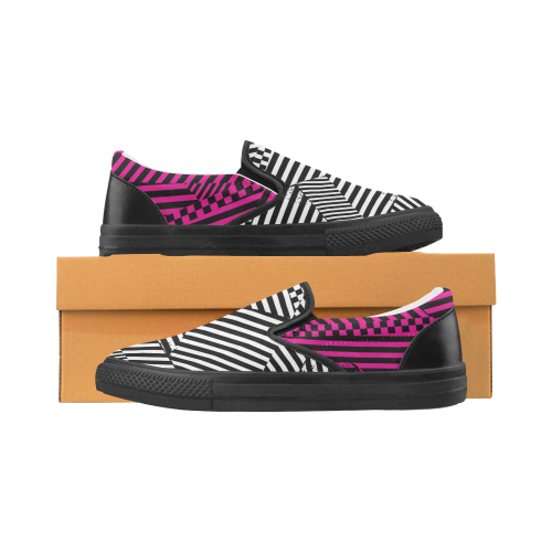 Hot pink, black, white grunge stripes checkerboard Women's Slip-on Canvas Shoes (Model 019)