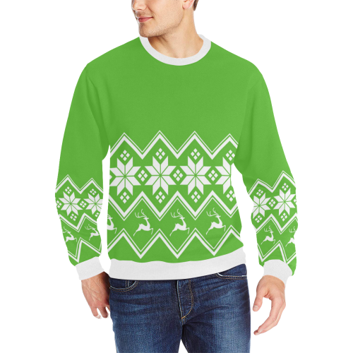 Christmas Reindeer Snowflake Green Men's Rib Cuff Crew Neck Sweatshirt (Model H34)