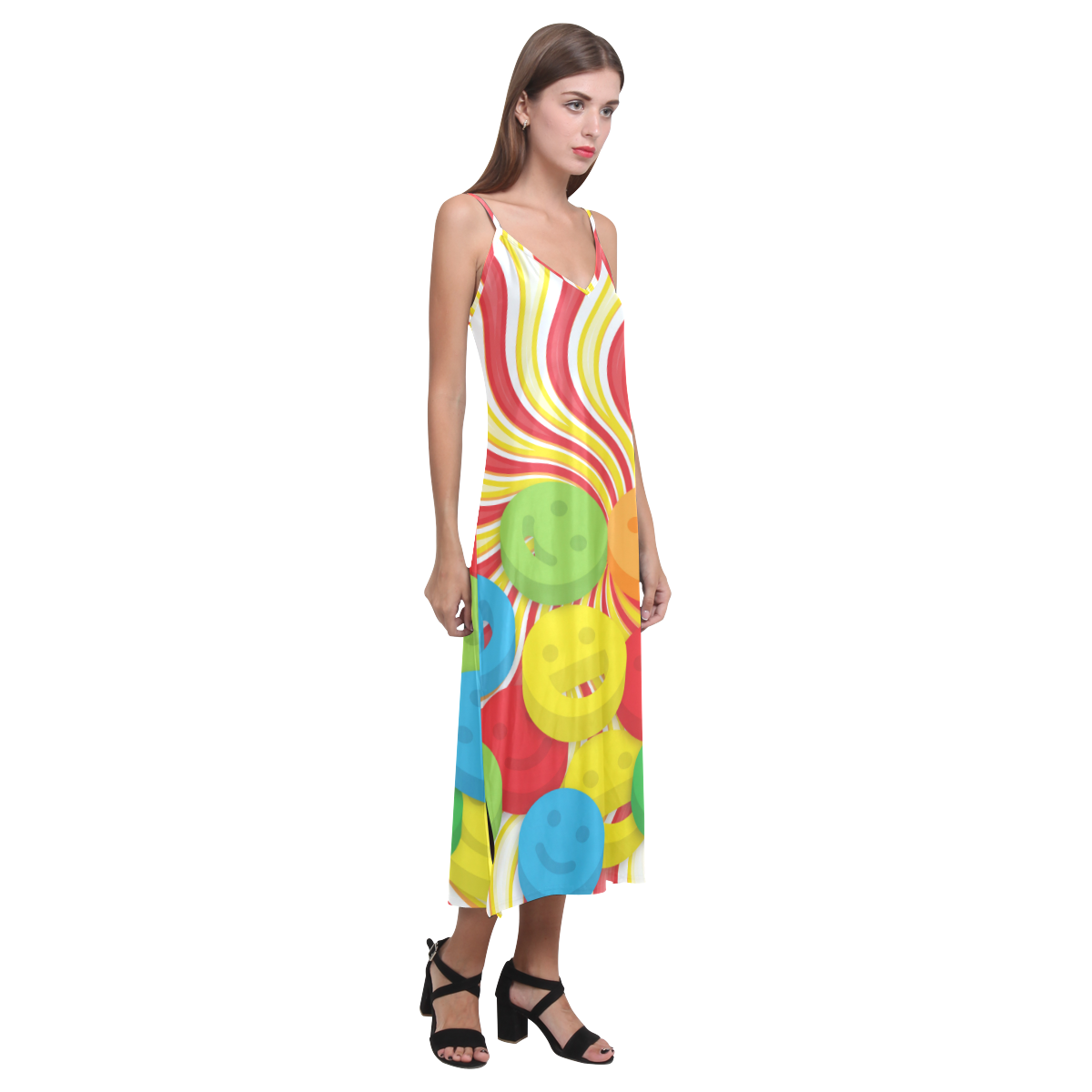 Rainbow swirls and smiley face dress V-Neck Open Fork Long Dress(Model D18)