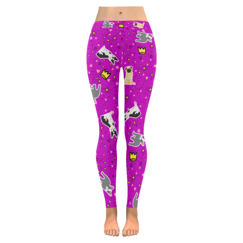 Pugs Frenchies Bostons Fuchsia Women's Low Rise Leggings (Invisible Stitch) (Model L05)