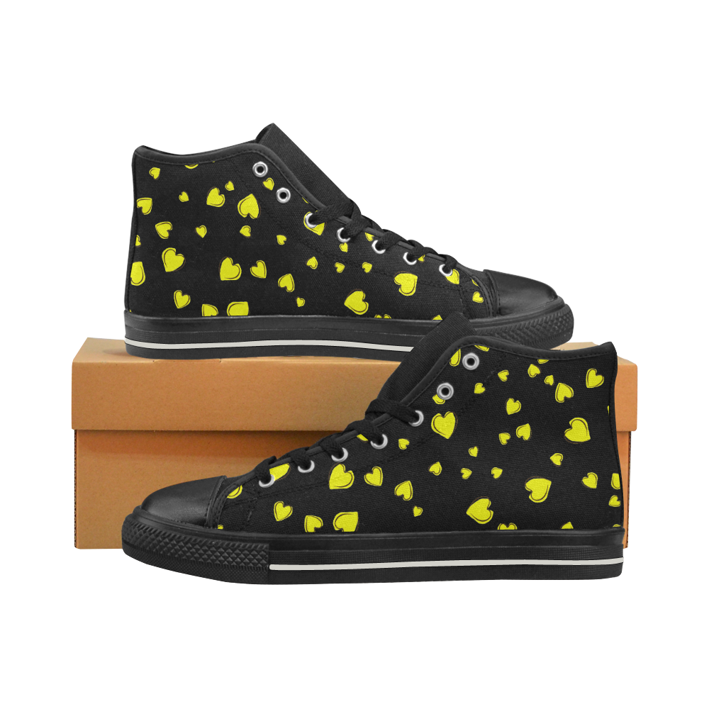 Yellow Hearts Floating on Black Men’s Classic High Top Canvas Shoes (Model 017)