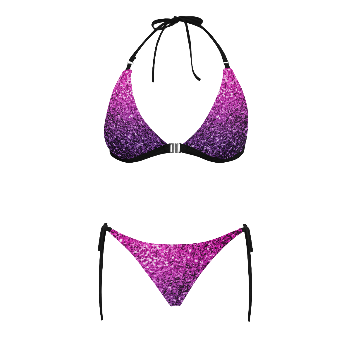 Beautiful Purple Pink Ombre glitter sparkles Buckle Front Halter Bikini Swimsuit (Model S08)