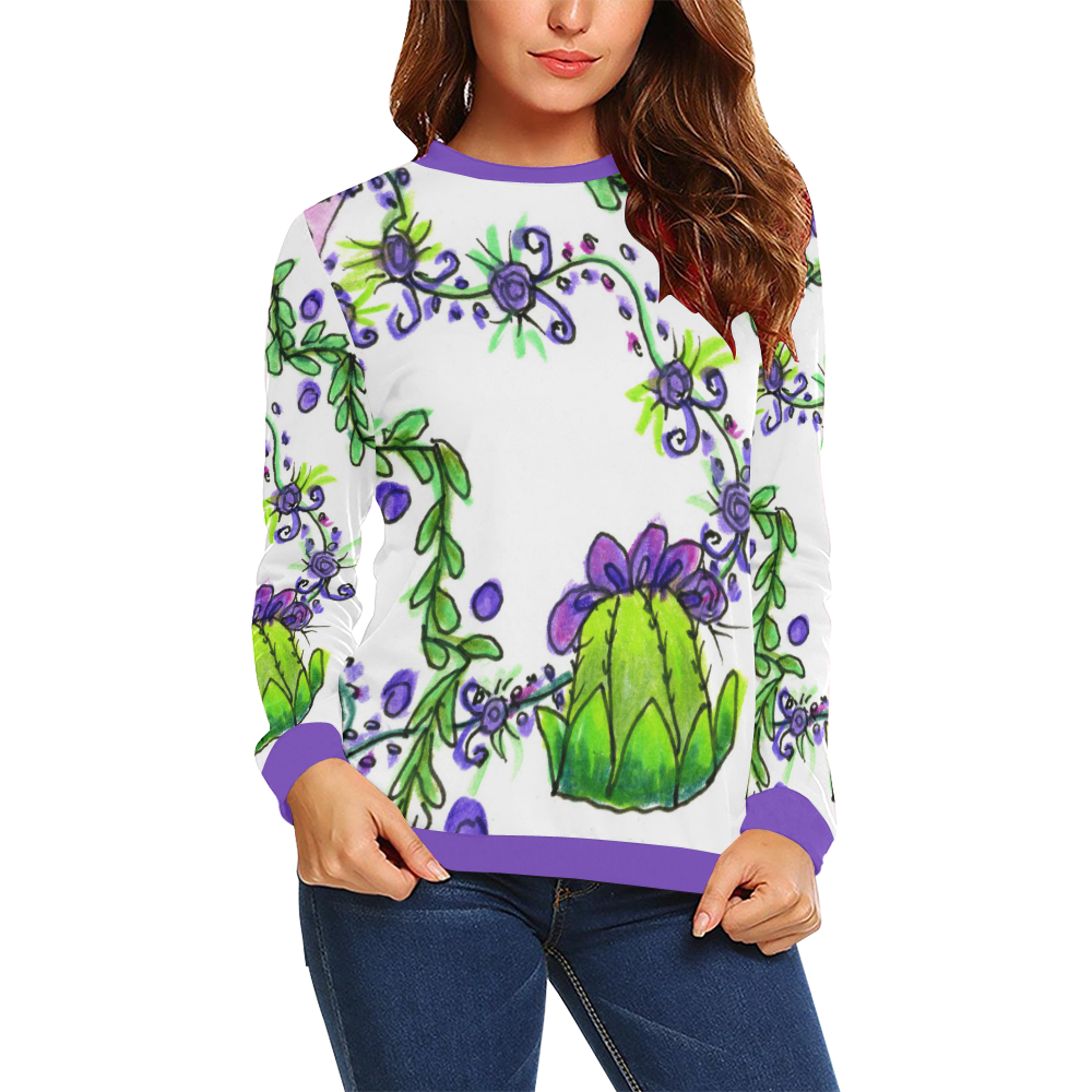 Queen's Crown Purple Green Vines ZenGarden All Over Print Crewneck Sweatshirt for Women (Model H18)