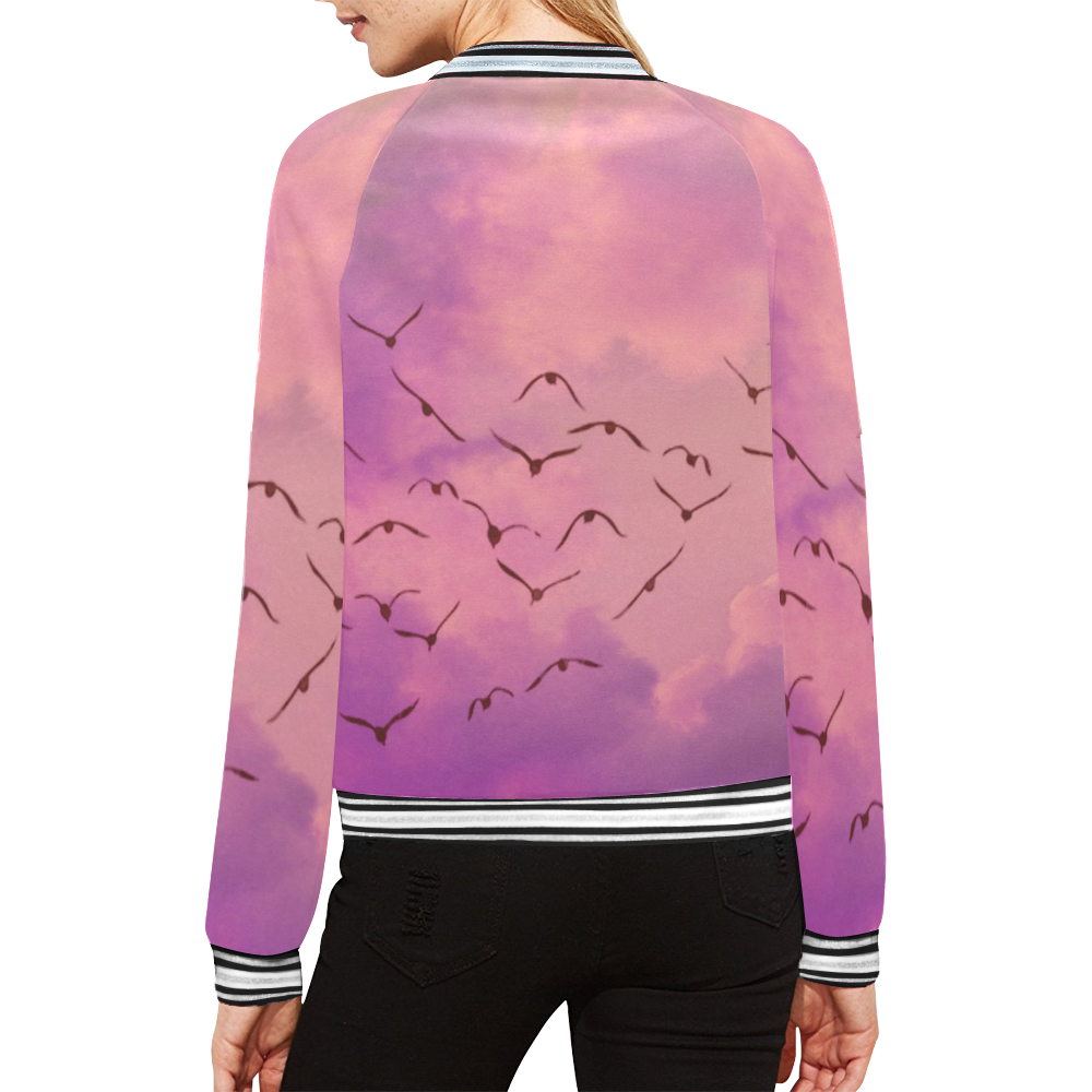 Trendy Birds, pink by JamColors All Over Print Bomber Jacket for Women (Model H21)