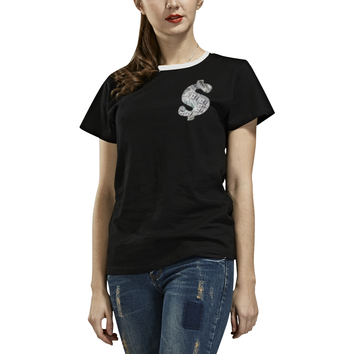 Hundred Dollar Bills - Money Sign White and Black All Over Print T-shirt for Women/Large Size (USA Size) (Model T40)