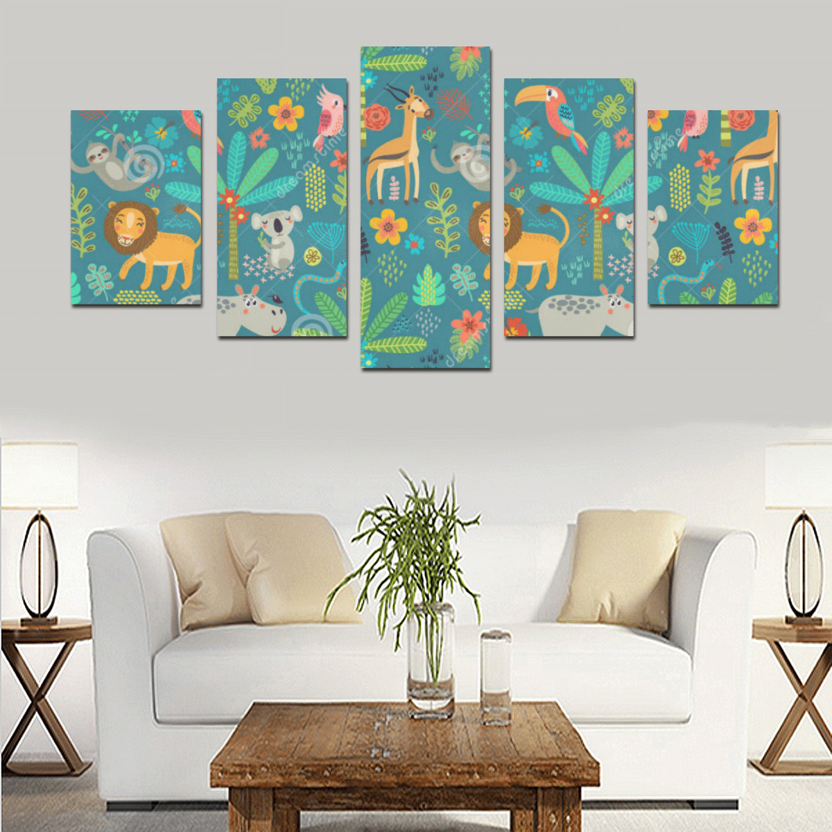 seamless-pattern-jungle-animals-flowers-trees-9181 Canvas Print Sets D (No Frame)
