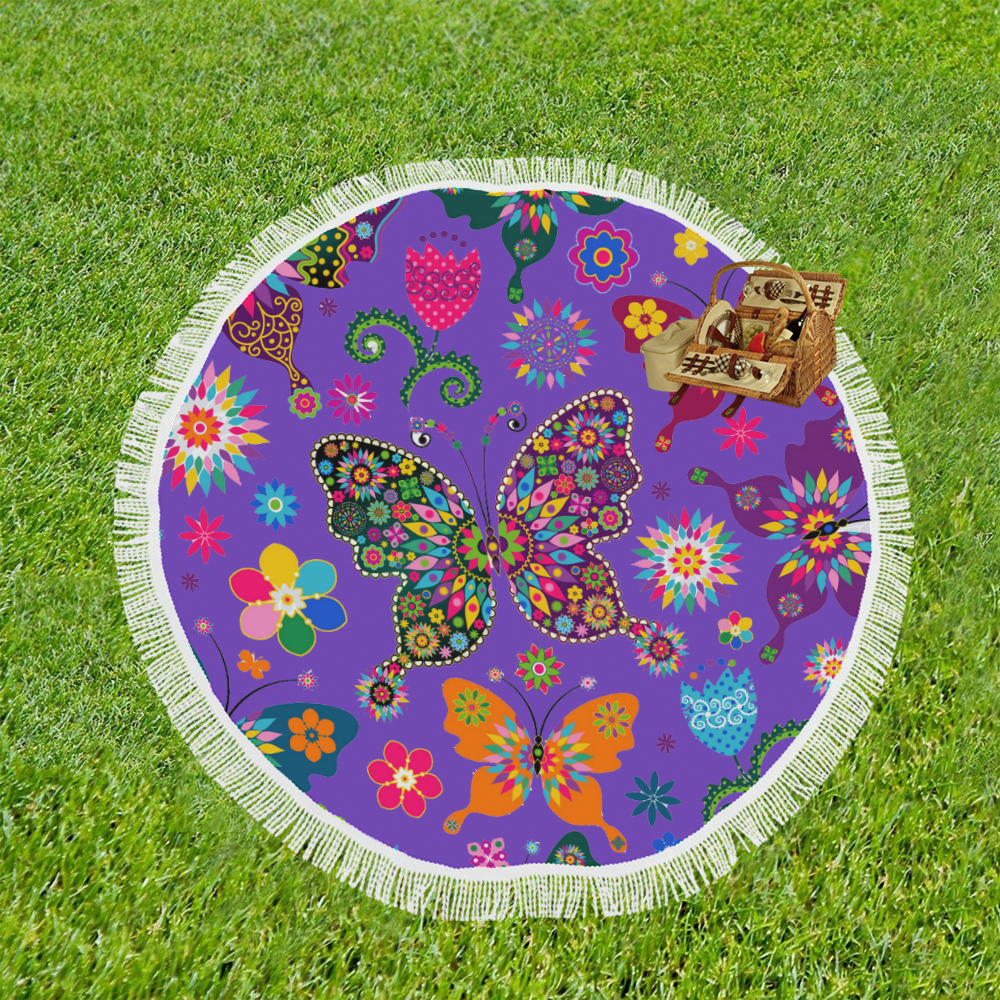butterflies and flowers purple Circular Beach Shawl 59"x 59"