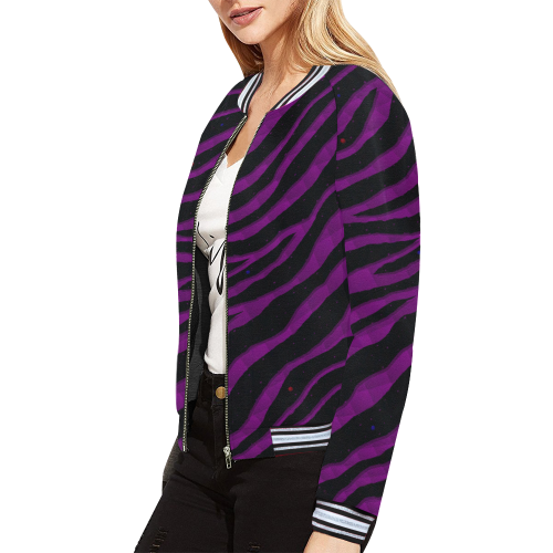 Ripped SpaceTime Stripes - Purple All Over Print Bomber Jacket for Women (Model H21)