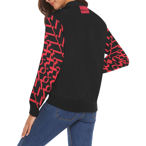 NUMBERS Collection 1234567 Black/Cherry Red All Over Print Bomber Jacket for Women (Model H19)