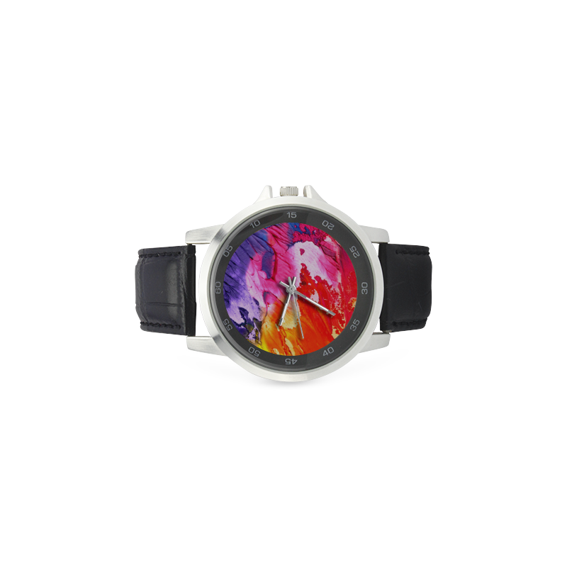 Red purple paint Unisex Stainless Steel Leather Strap Watch(Model 202)