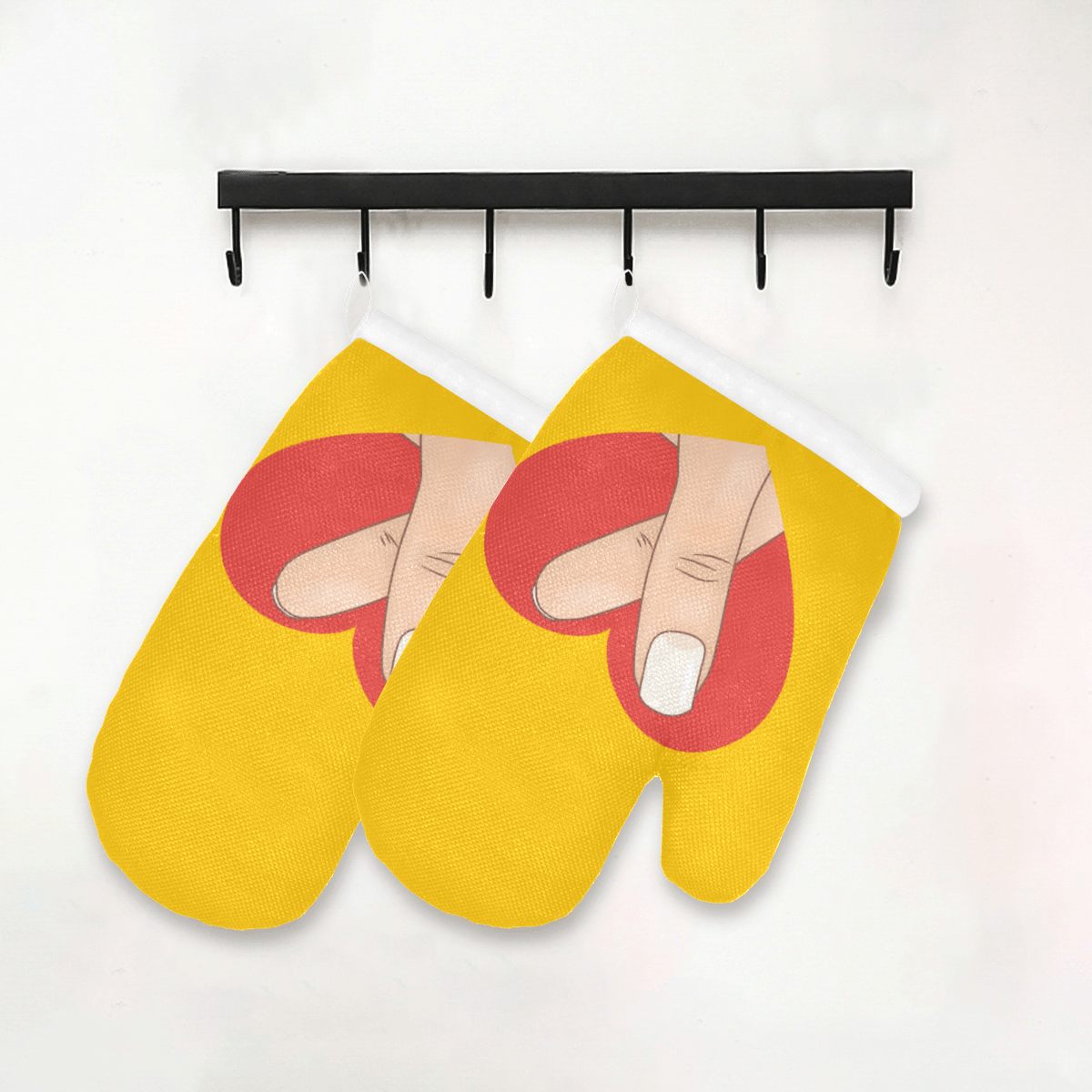 Red Heart Fingers on Yellow Oven Mitt (Two Pieces)