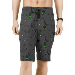 Alien Flying Saucers Stars Pattern on Charcoal Men's All Over Print Board Shorts (Model L16)