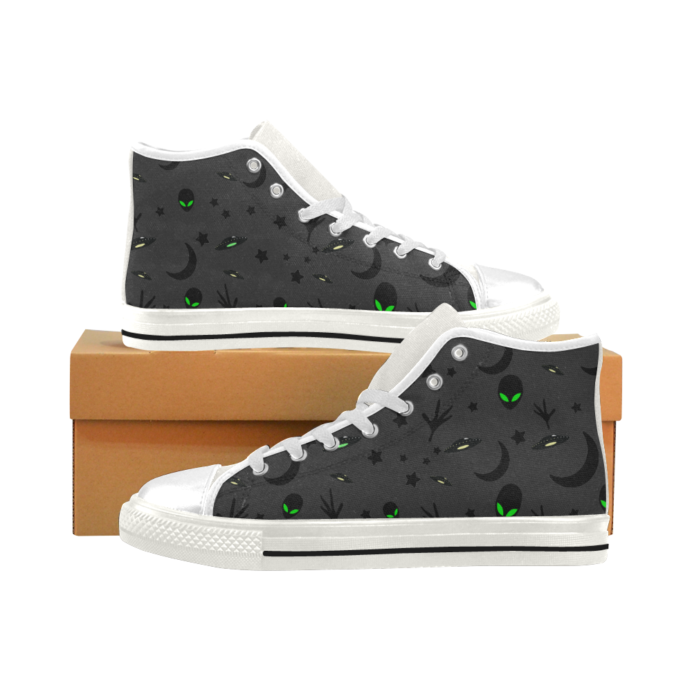 Alien Flying Saucers Stars Pattern on Charcoal Men’s Classic High Top Canvas Shoes (Model 017)