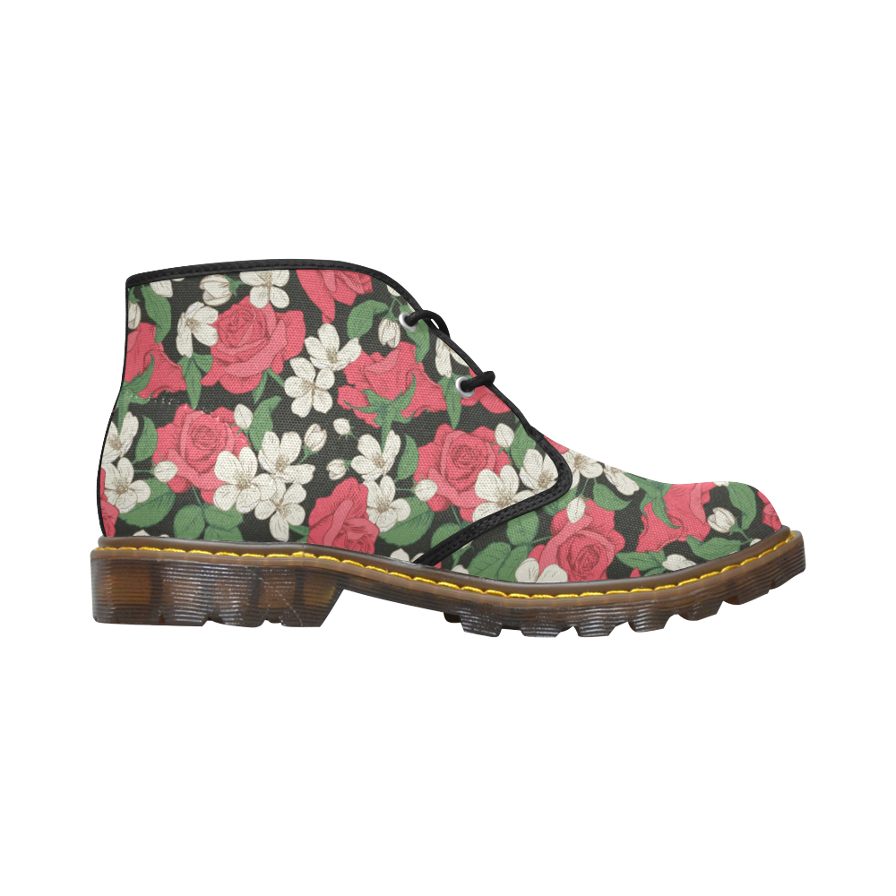 Pink, White and Black Floral Women's Canvas Chukka Boots (Model 2402-1)